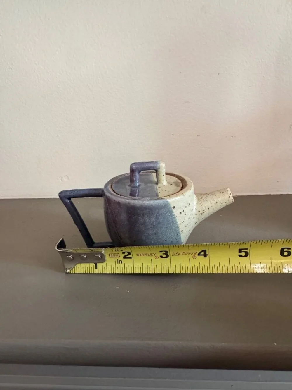 Handcrafted Ceramic Mini Teapot Earthy Blue Beige Unique Triangular Handle Potte